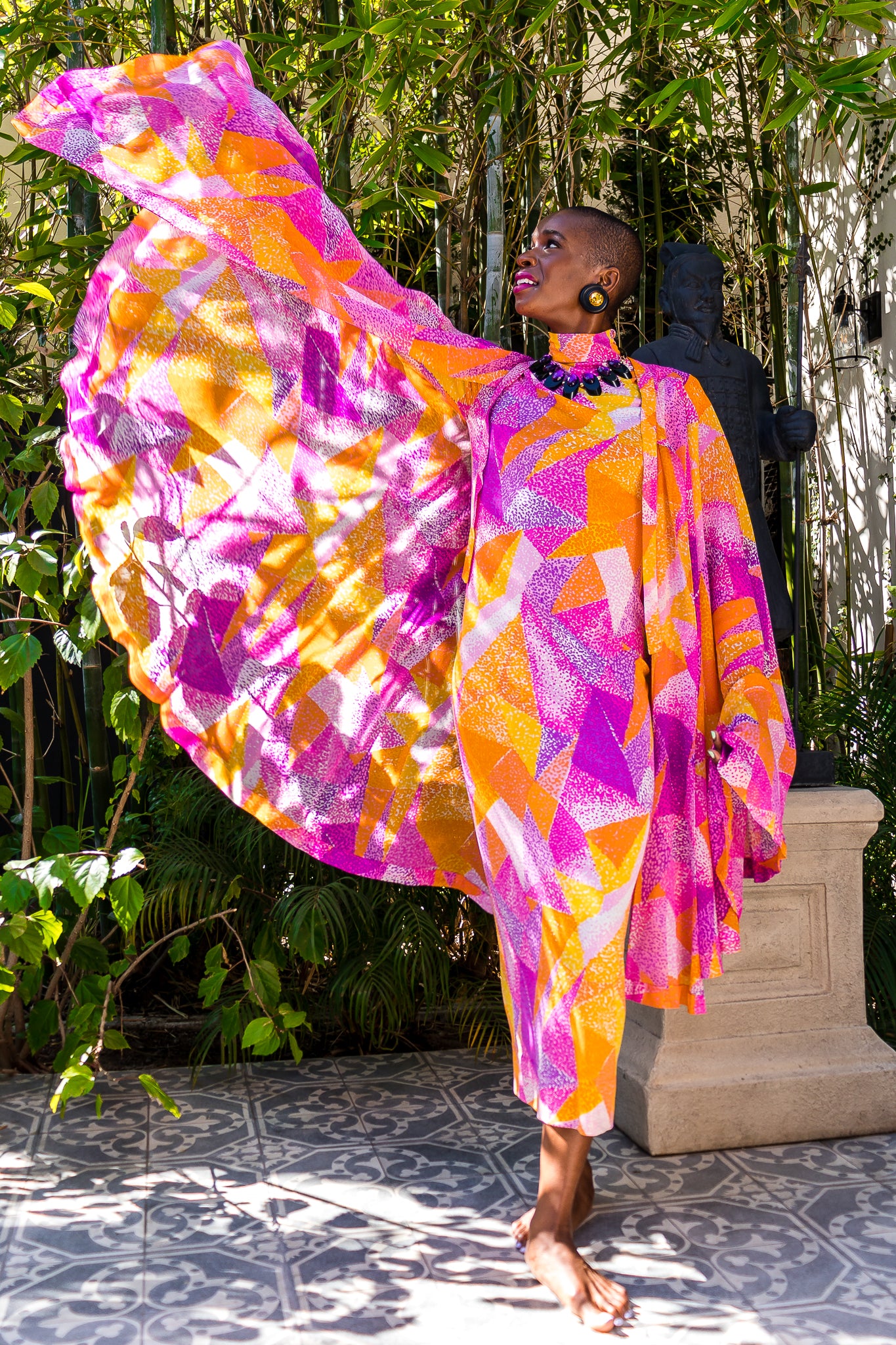 Monica Ahanonu in Vintage La Mendola Geo Silk Jersey Dress & Overskirt @ Recess LA