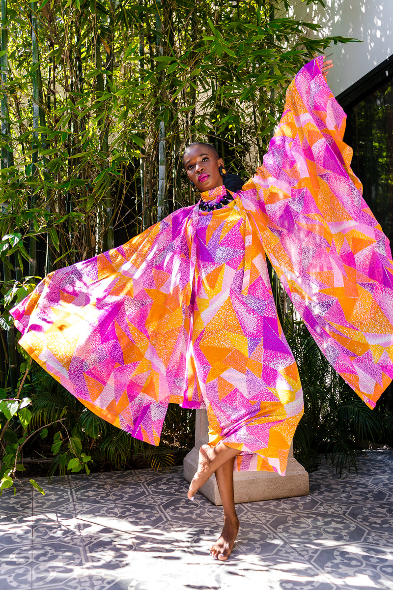 Monica Ahanonu in Vintage La Mendola Geo Silk Jersey Dress & Overskirt @ Recess LA