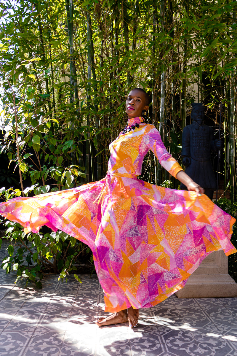 Vintage La Mendola Geometric Print Silk Jersey Dress & Overskirt – Recess Vintage La Mendola Geometric Print Silk Jersey Dress & Overskirt – Recess