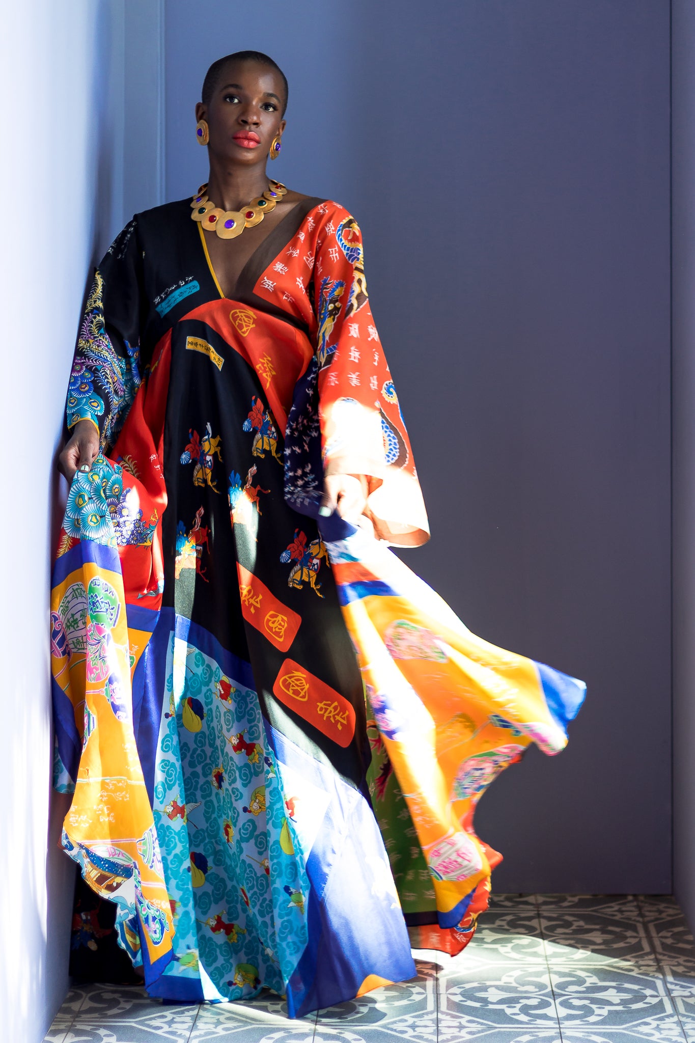Monica Ahanonu in Vintage La Vetta Beverly Hills Patchwork Scarf Dress at Recess Los Angeles