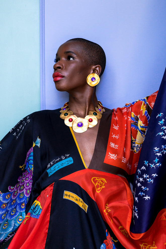 Monica Ahanonu in Vintage La Vetta Beverly Hills Patchwork Scarf Dress at Recess Los Angeles