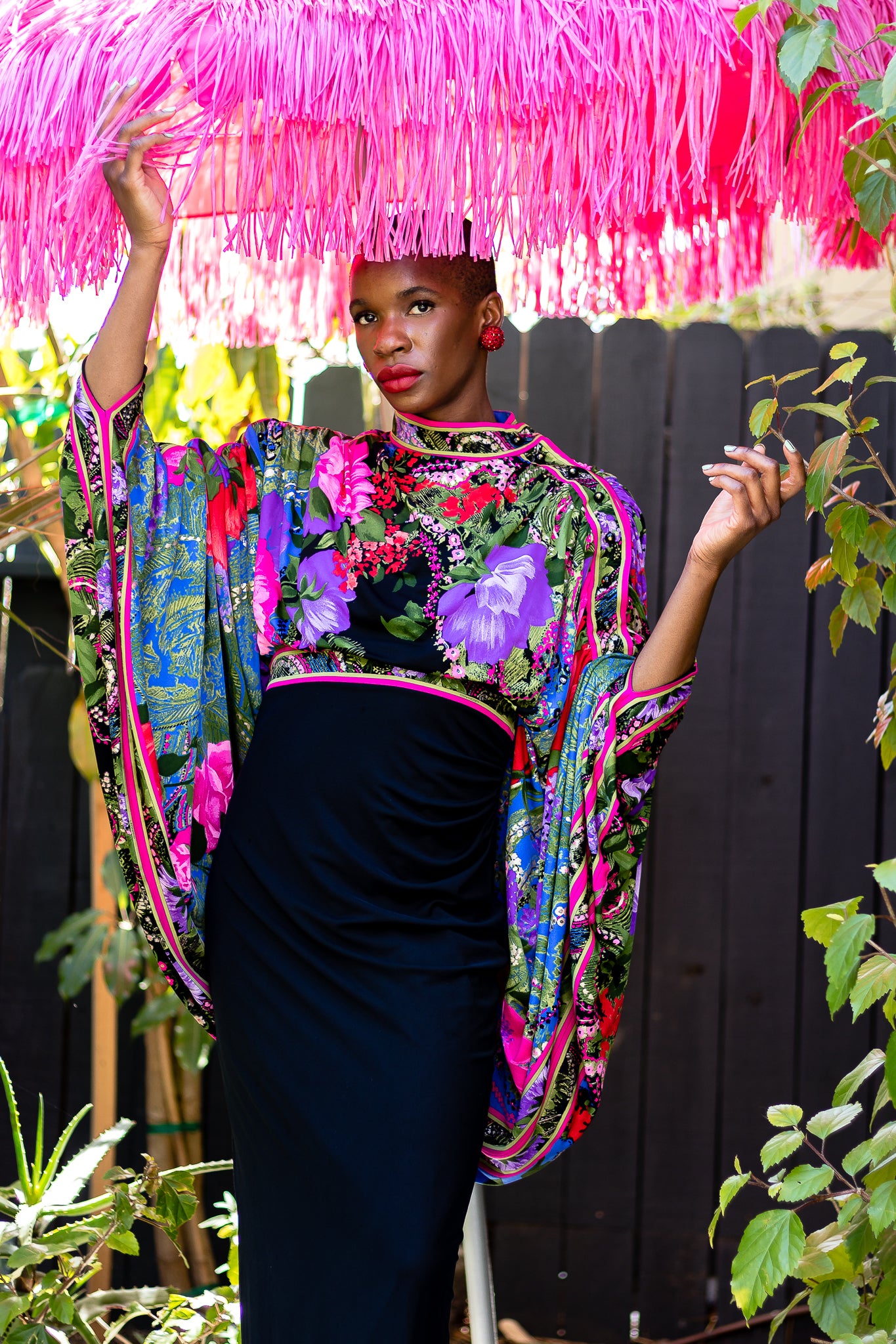 Monica Ahanonu in Vintage Leonard Floral Batwing Cape Gown at Recess Los Angeles