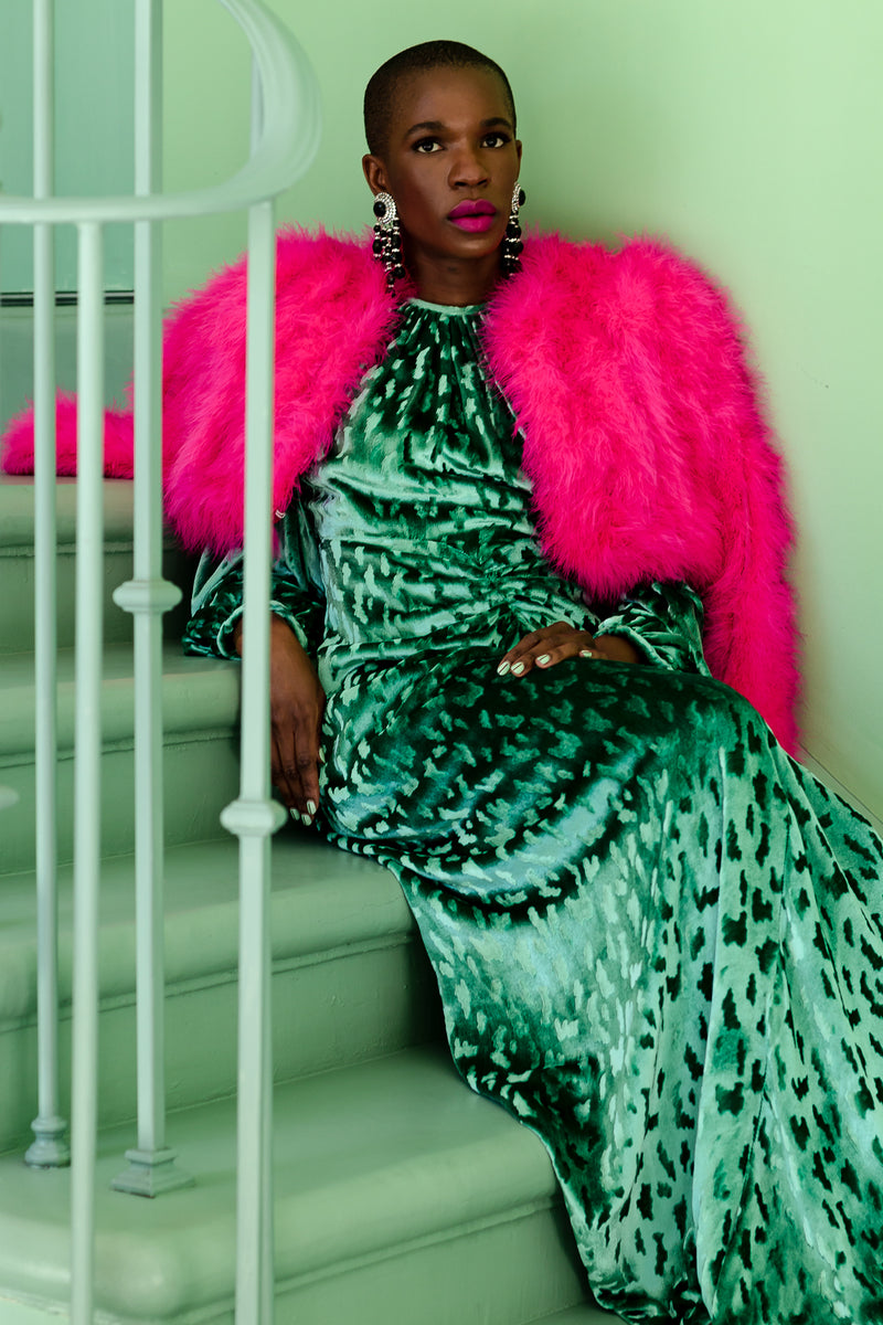 Monica Ahanonu in Vintage Hot Marabou Cropped Jacket and Mint velvet gown at Recess Los Angeles