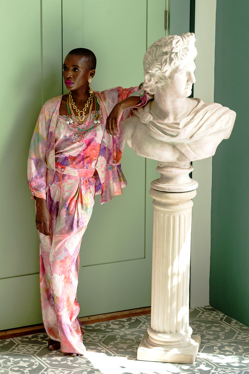 Monica Ahanonu in Vintage Emanuel Ungaro Parallèle Floral Silk 3-Pc Leisure Set at Recess LA