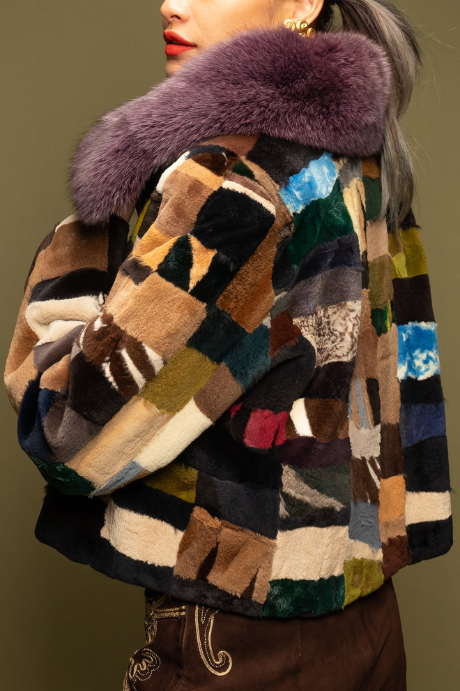 girl in Vintage Moda Martani Patchwork Fur Collar Jacket on green at Recess Los Angeles