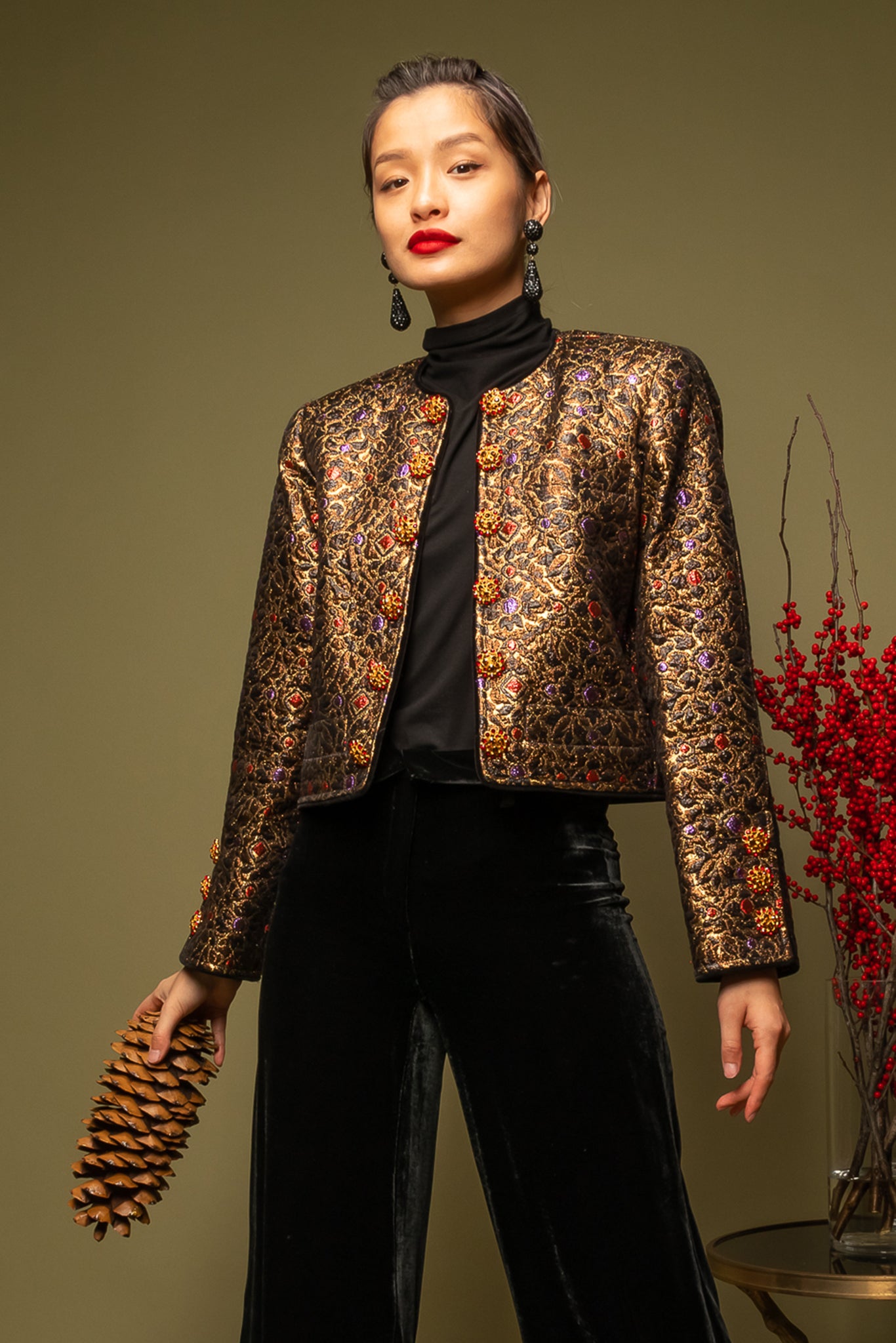 girl in Vintage Yves Saint Laurent YSL Brocade Crop Jacket on olive background at Recess LA