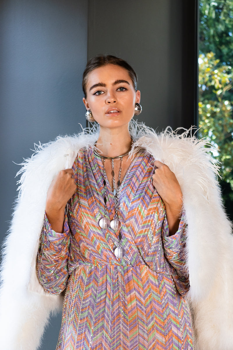 Hannah in Vintage Space Age Collar Lucite Ball Drop Necklace & feather jacket @ Recess LA