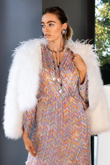 Hannah in Vintage Chubby Cropped Marabou Jacket & Bob Mackie gown at Recess Los Angeles