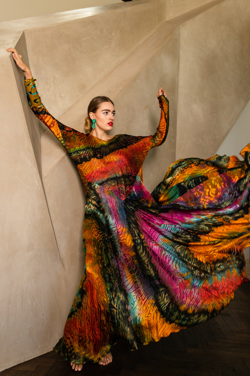 Carter Smith Hand Dyed Silk Rainbow Animal Print Burnout Bias Dress Recess Carter Smith Hand Dyed Silk Rainbow Animal Print Burnout Bias Dress Recess