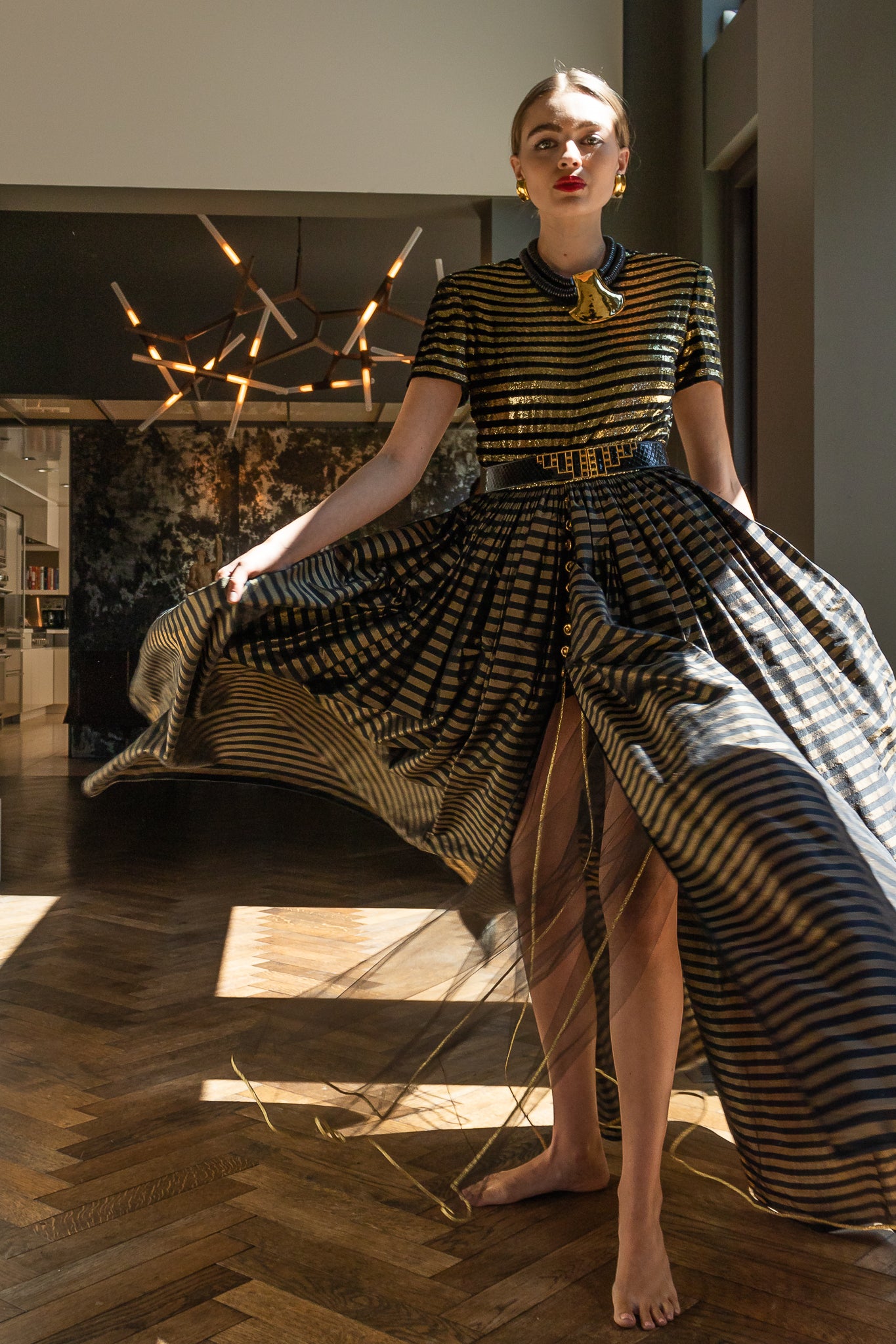 Hannah in Vintage Galanos Gold Striped Panel Gown With Shorts fabric at Recess Los Angeles