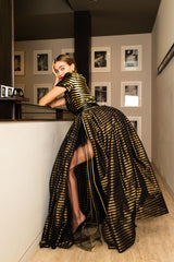 Hannah in Vintage Galanos Gold Striped Panel Gown With Shorts fabric at Recess Los Angeles