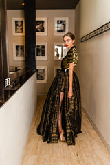 Hannah in Vintage Galanos Gold Striped Panel Gown With Shorts fabric at Recess Los Angeles