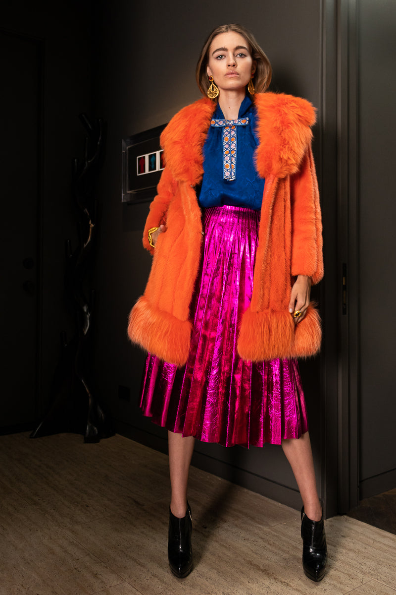 Hannah D in Vintage Furs by Mannis Coral Sherbet Fur Coat at Recess LA