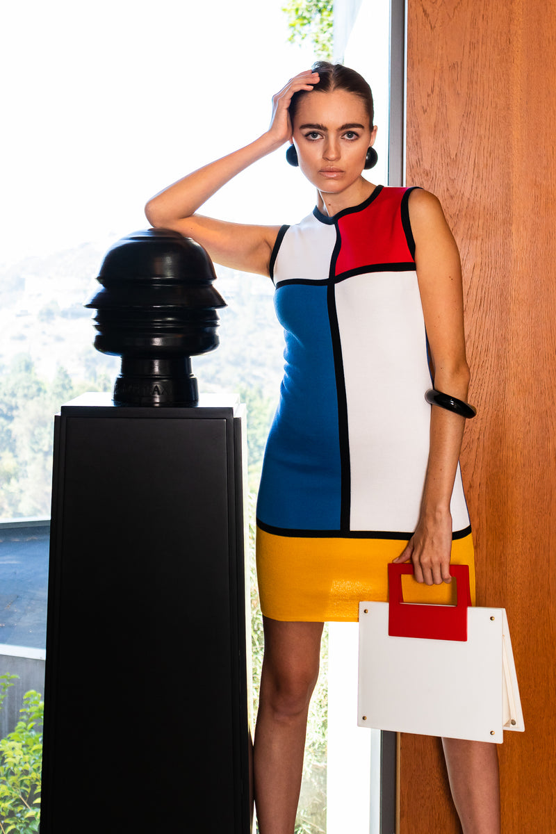 Hannah in Vintage Yves Saint Laurent Iconic Mondrian Knit Sheath Dress at Recess Los Angeles