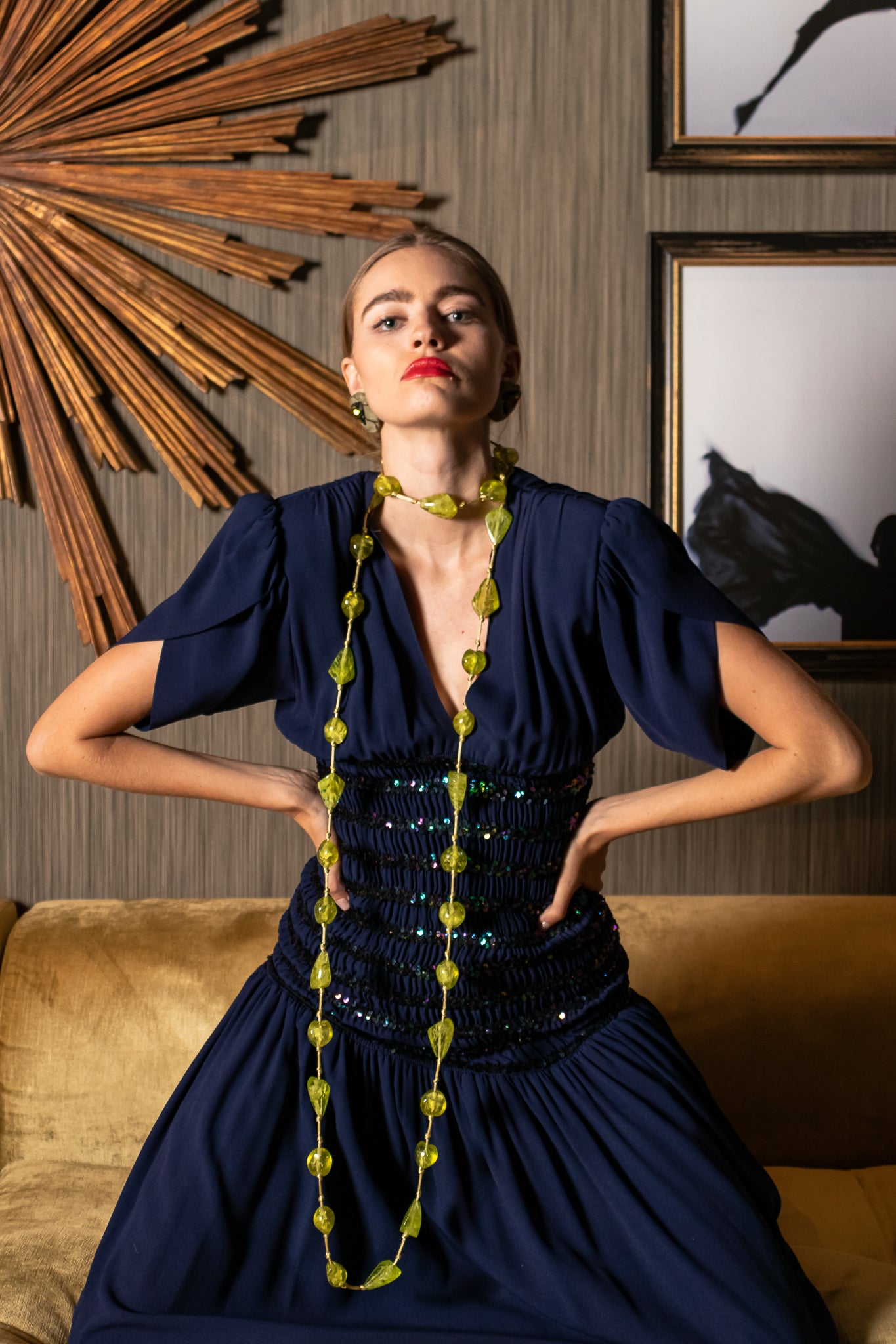 Hannah in Vintage Yves Saint Laurent YSL Gathered Drop Waist Film Noir Gown at Recess LA
