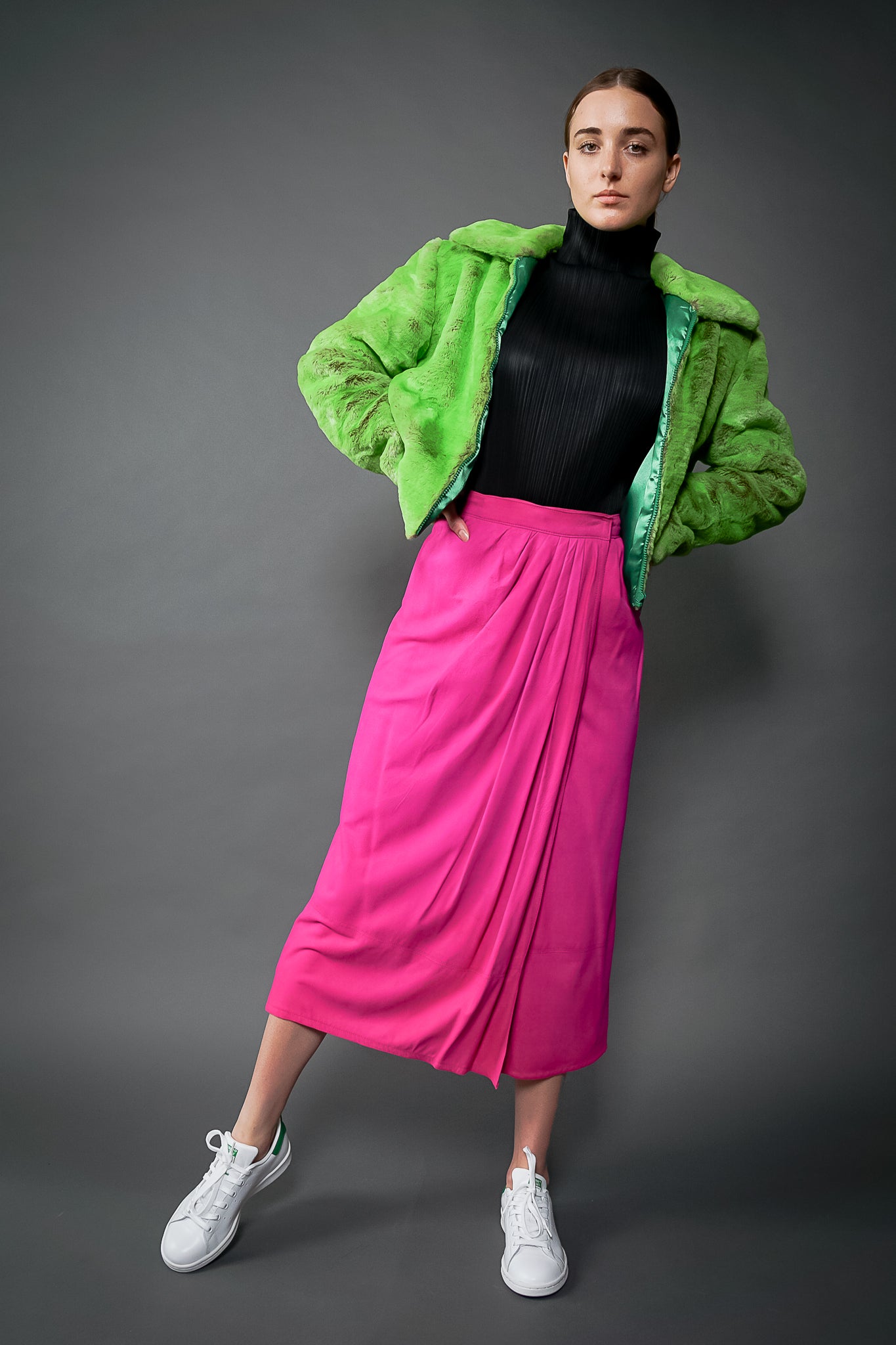 Girl in Vintage Kasper for JL Sport Hot Pink Tissue Suede Wrap Skirt & Lime Faux Fur at Recess LA