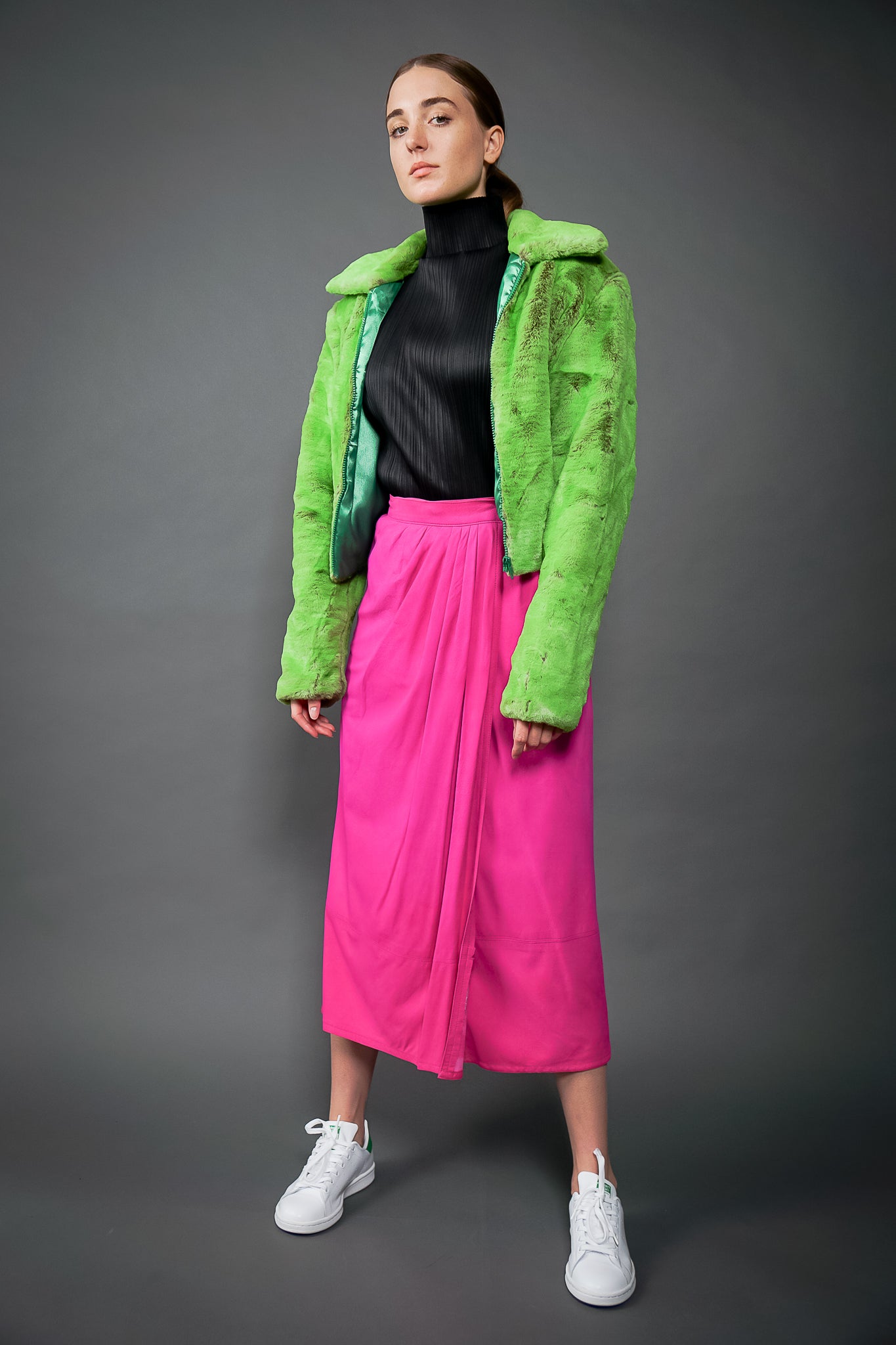 Girl in Vintage Sin by Morgan Cooper Lime Faux Fur Collar Jacket and Neon Pink Skirt at Recess LA