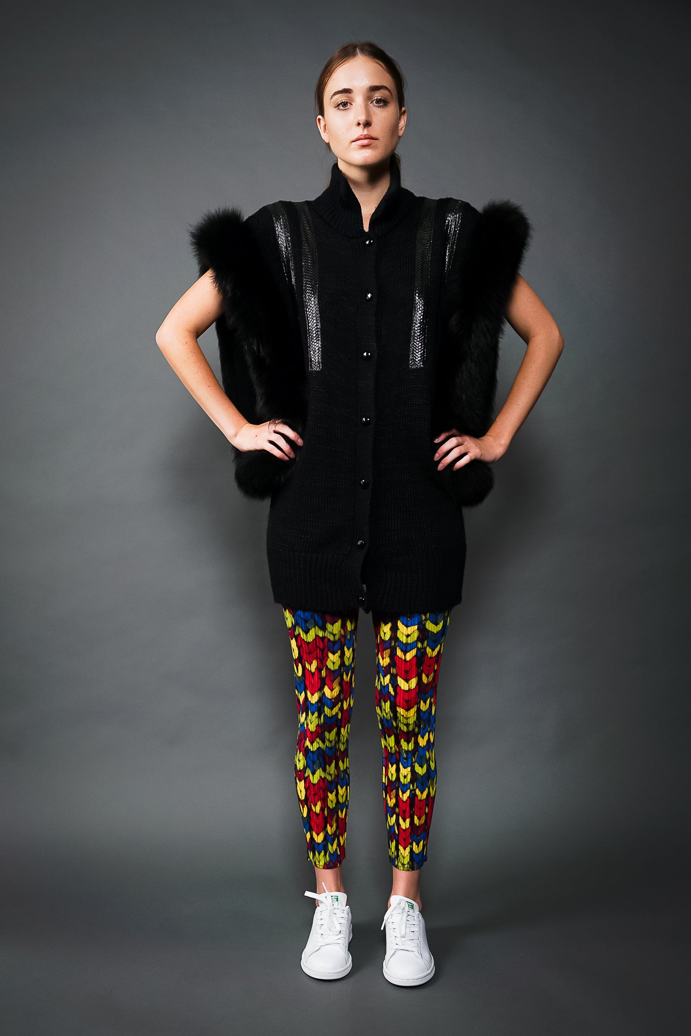 Girl in Vintage Issey Miyake Pleats Please RGB Yarn Print Pleated Pant & black vest at Recess LA