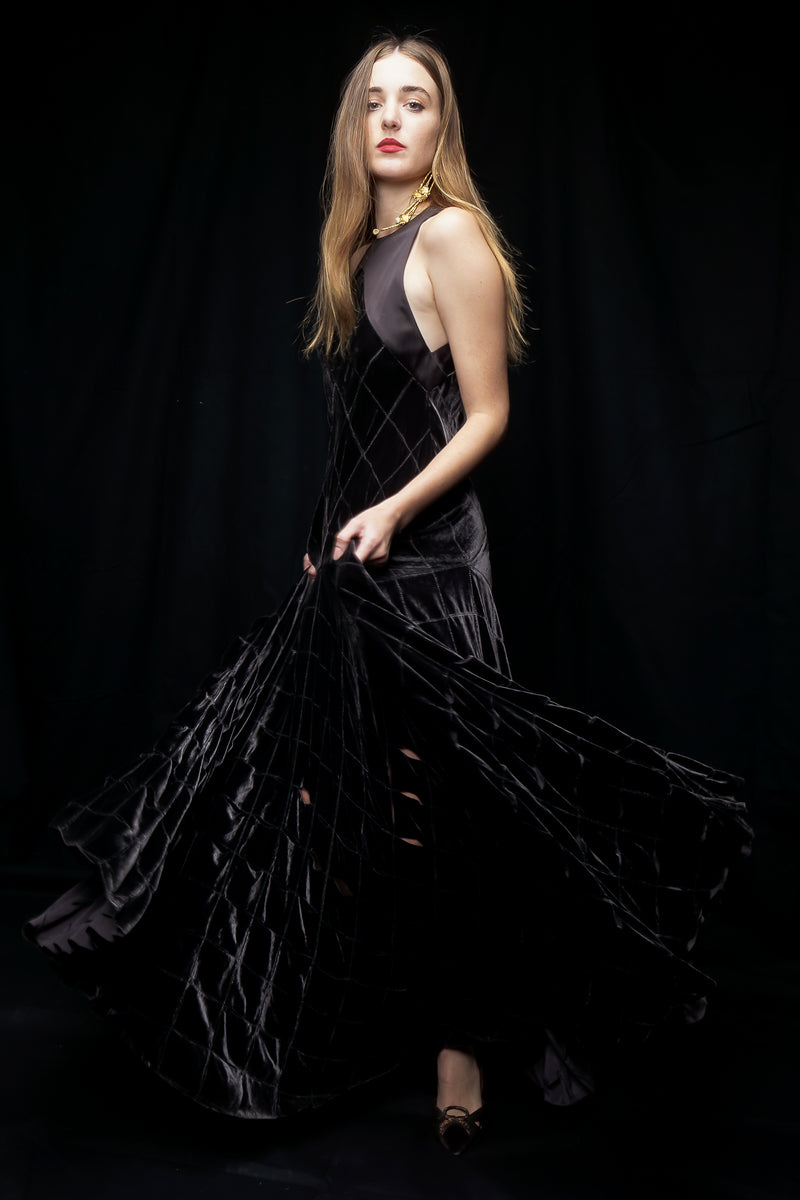Girl wearing Vintage Calvin Klein Velvet Lattice Cut Gown Recess Girl wearing Vintage Calvin Klein Velvet Lattice Cut Gown Recess