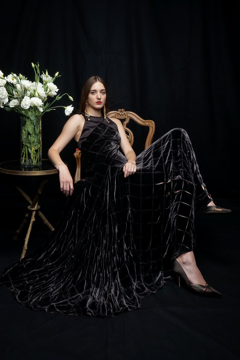 Girl wearing Vintage Calvin Klein Velvet Lattice Cut Gown Recess Girl wearing Vintage Calvin Klein Velvet Lattice Cut Gown Recess