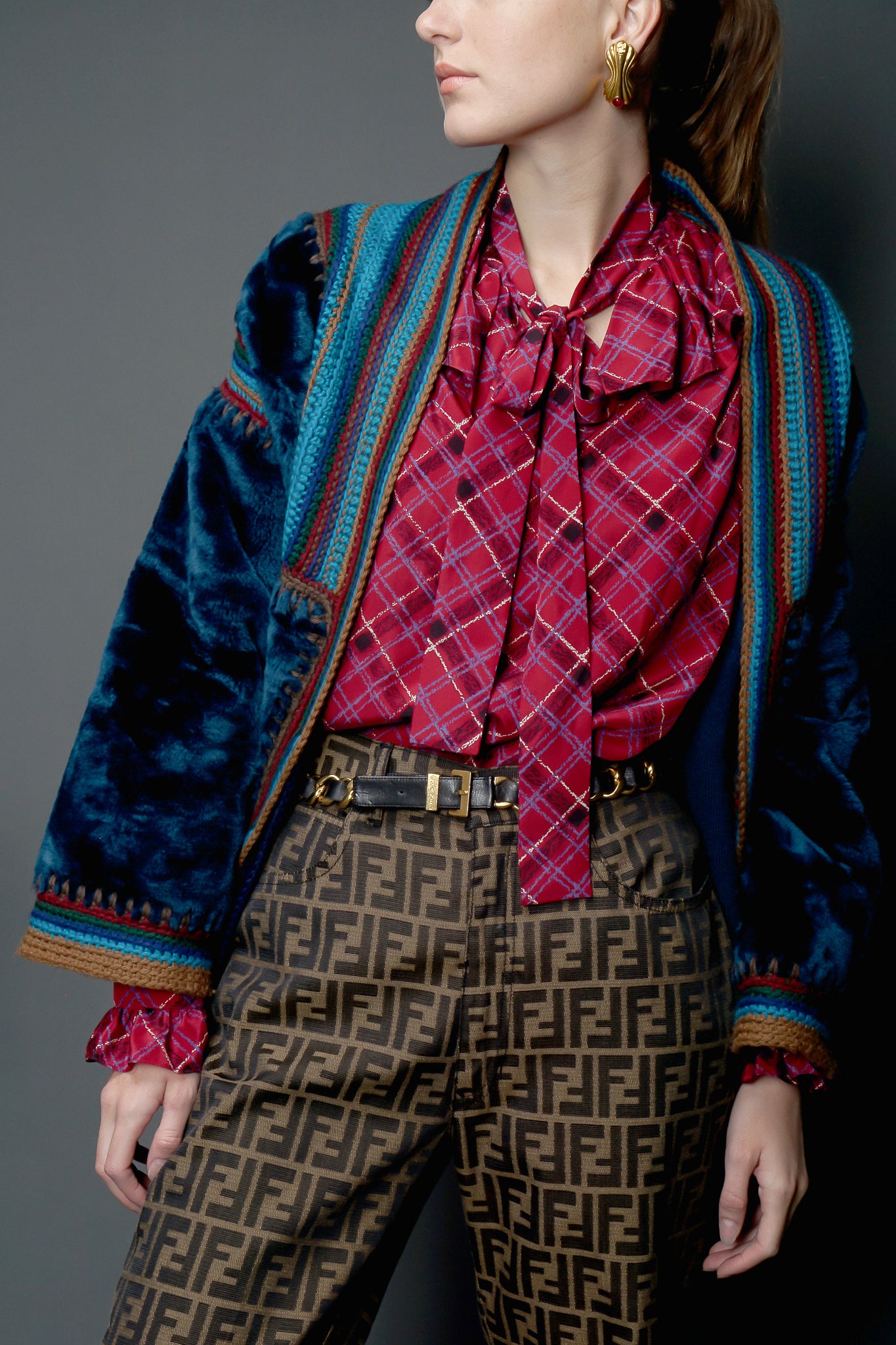 girl wearing Vintage Giorgio Sant'Angelo Faux Fur Yarn Knit Jacket and fendi pant at Recess LA