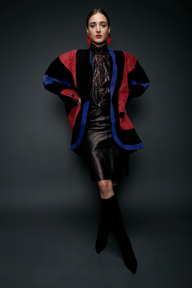 girl wearing Vintage Jerri Sherman Faux Bois Brocade Blouse with Jean Muir coat at Recess LA