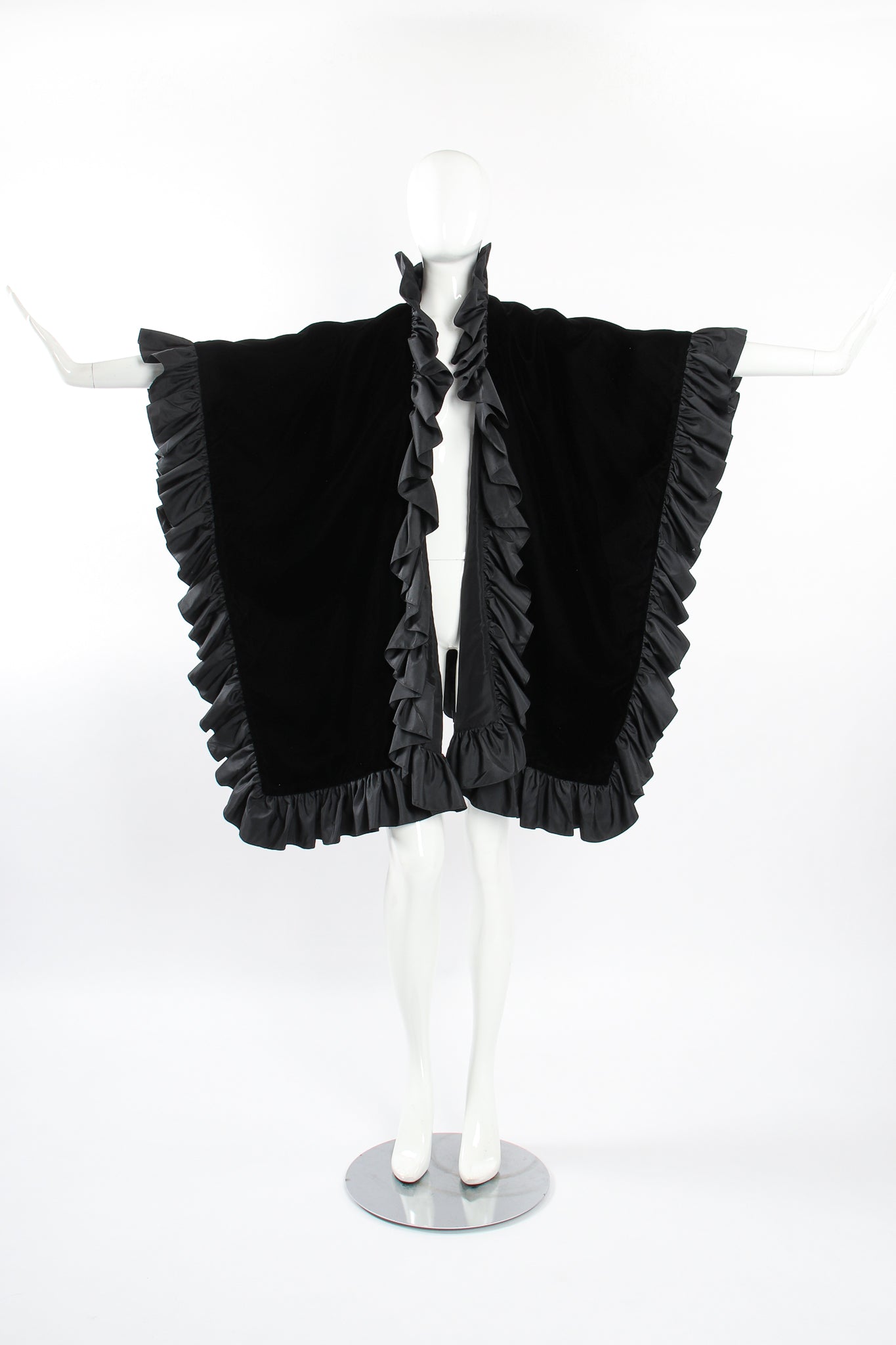 Vintage AJ Bari Velvet Ruffle Poncho Cape on Mannequin wide front at Recess Los Angeles