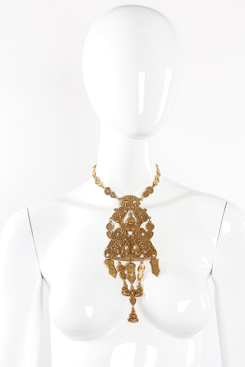 Vintage Accessocraft Chinese Buddha Scroll Plate Pendant Charm Necklace on Mannequin @ Recess LA