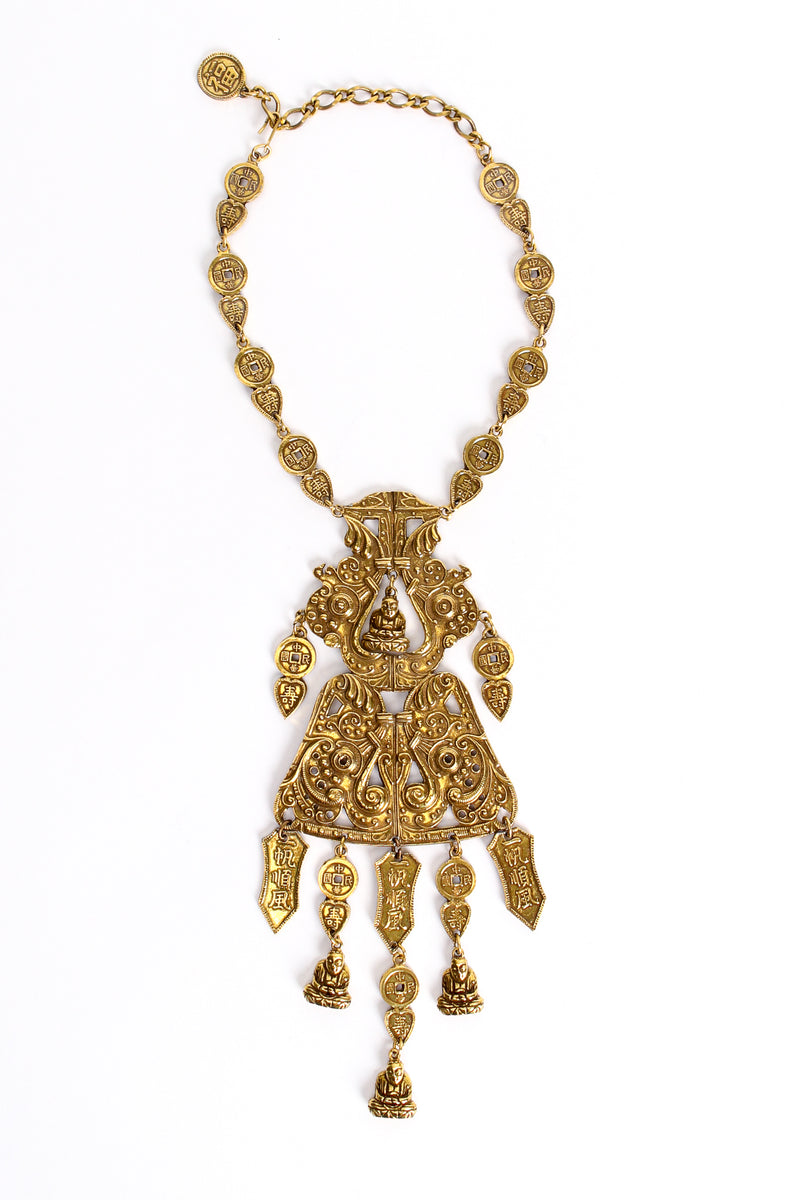 Vintage Accessocraft Chinese Buddha Scroll Plate Pendant Charm Necklace flat @ Recess LA