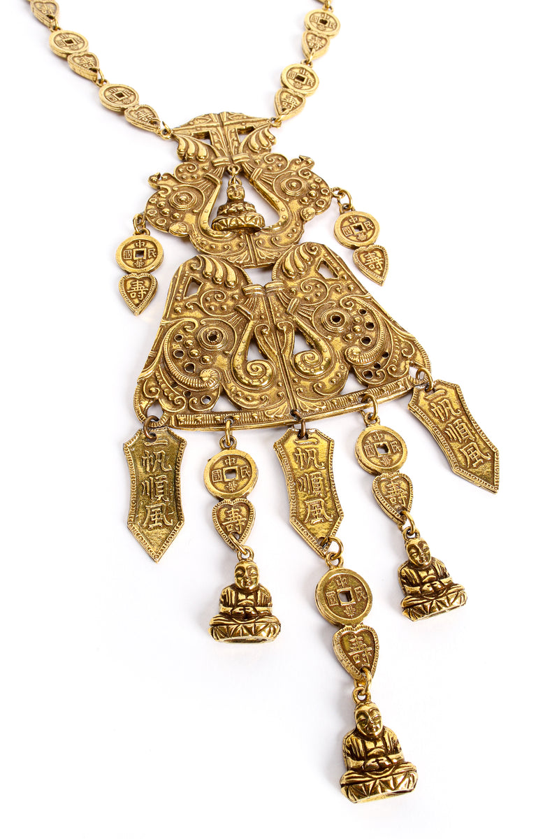 Vintage Accessocraft Chinese Buddha Scroll Plate Pendant Charm Necklace detail @ Recess LA