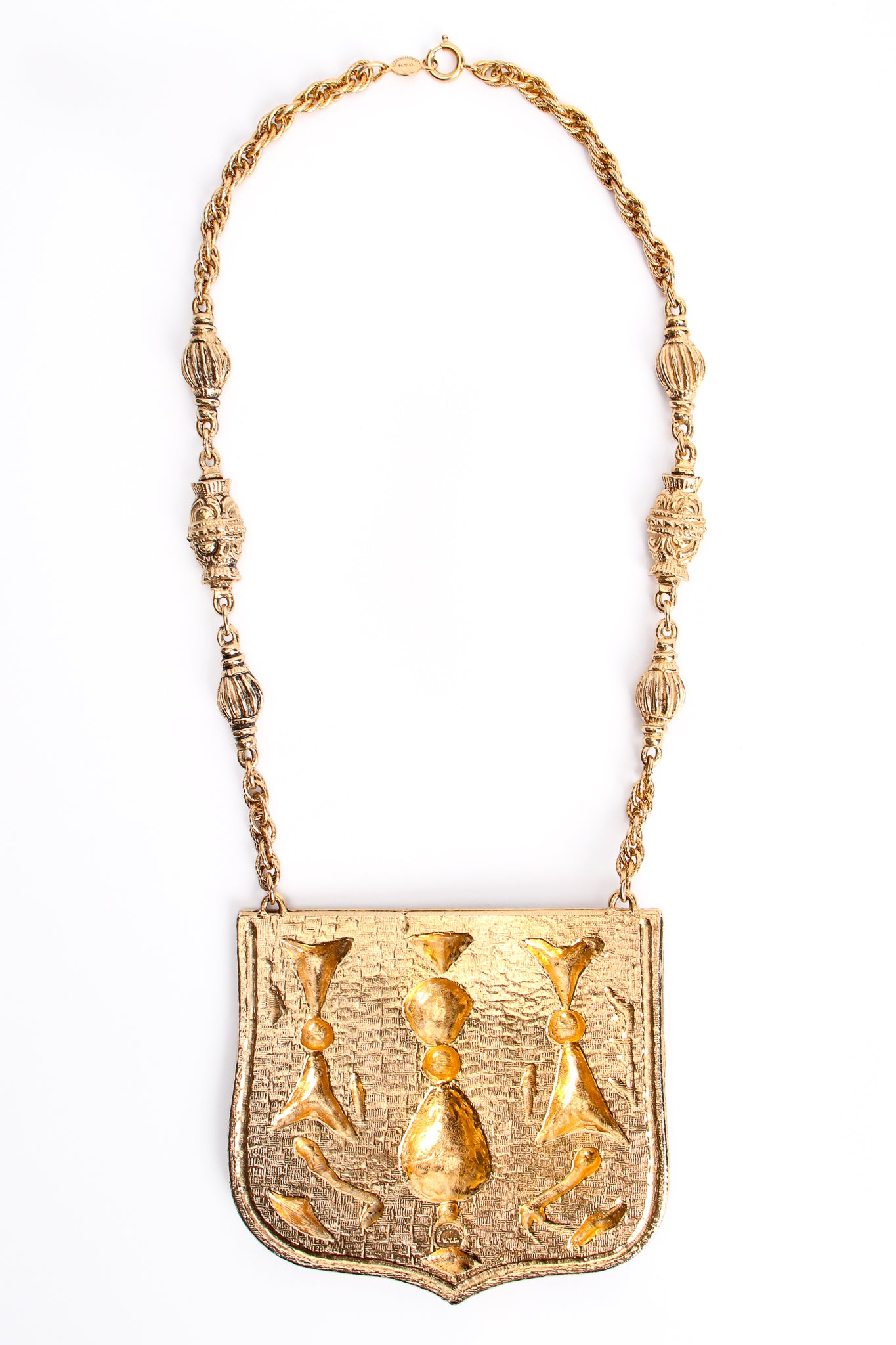 Vintage Accessocraft Brass Gothic Relief Plate Necklace backside at Recess Los Angeles