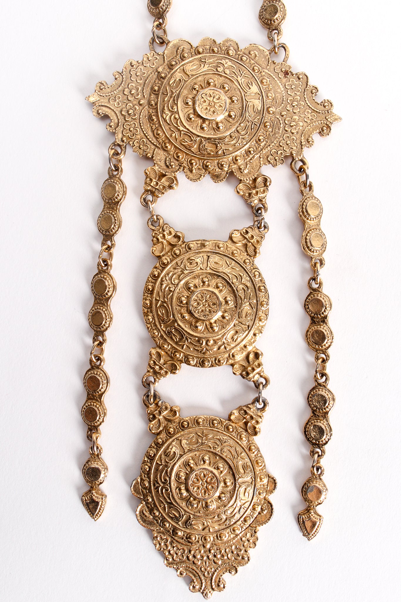 Vintage Accessocraft Triple Medallion Plate Pendant Necklace detail at Recess Los Angeles