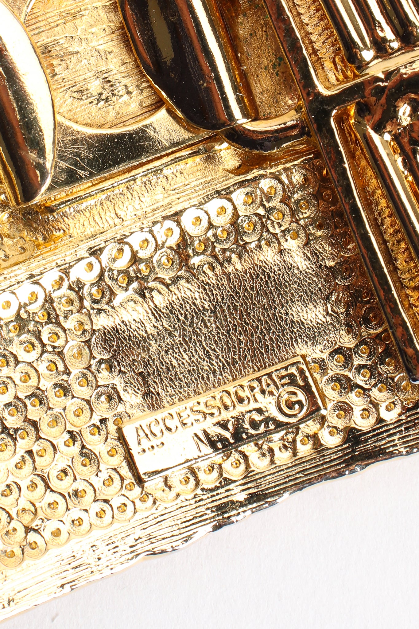Vintage Accessocraft Gold Fluted Cabochon Buckle Belt signature cartouche at Recess Los Angeles