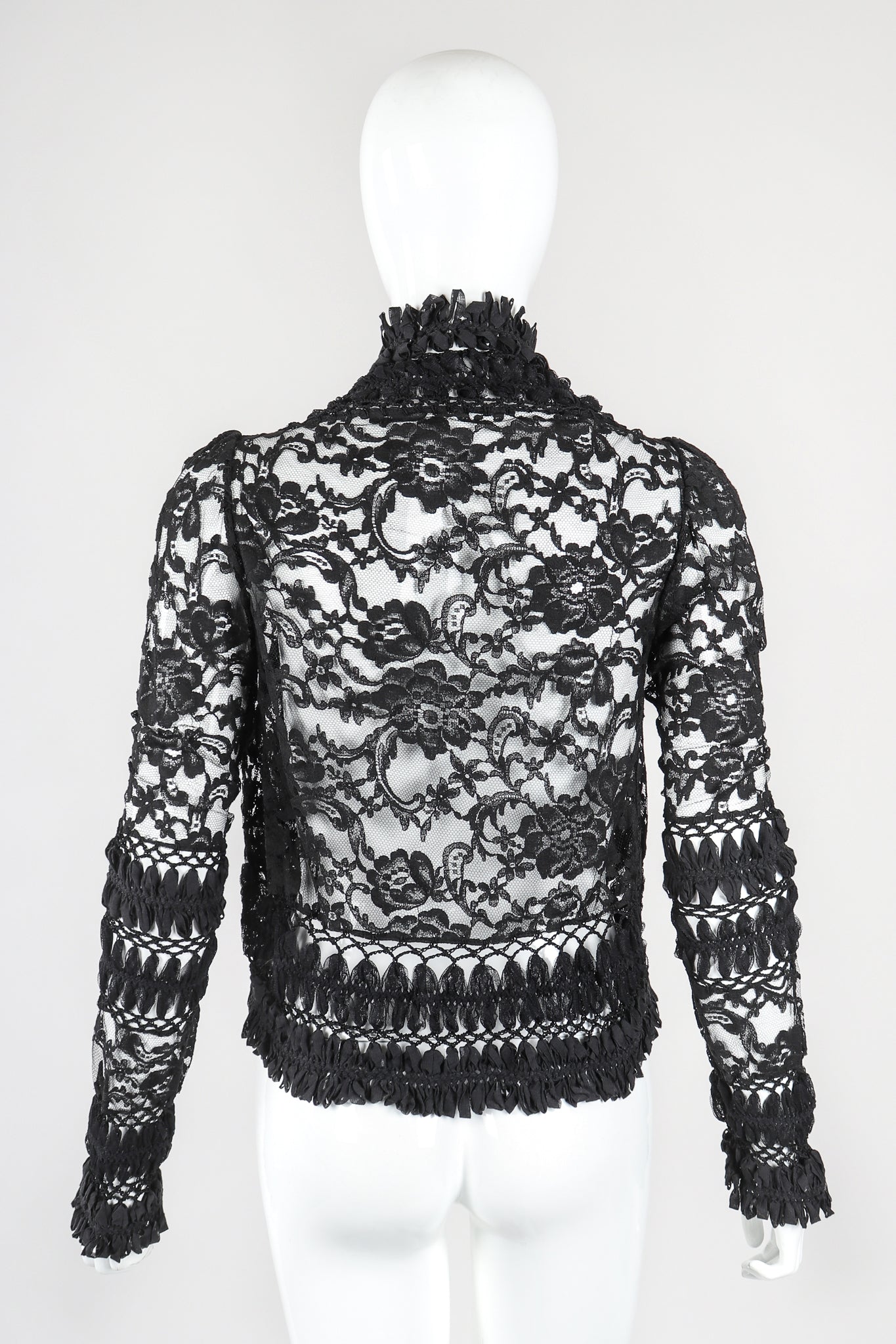 Recess Designer Consignment Vintage Adam Jones Goth Lace Mesh Ribbon Crochet Cutaway Jacket Shrug Los Angeles Resale