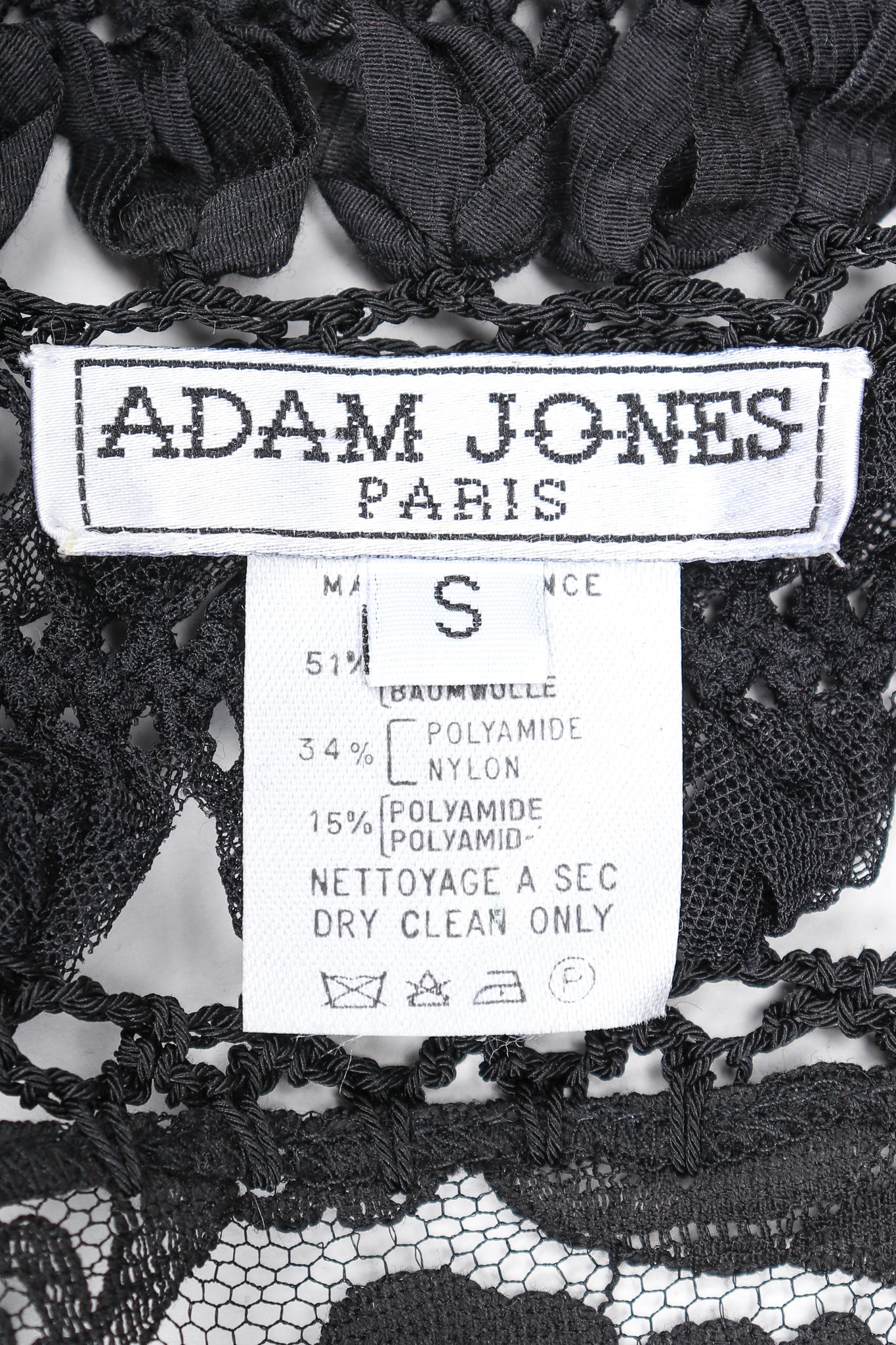 Recess Designer Consignment Vintage Adam Jones Goth Lace Mesh Ribbon Crochet Cutaway Jacket Shrug Los Angeles Resale