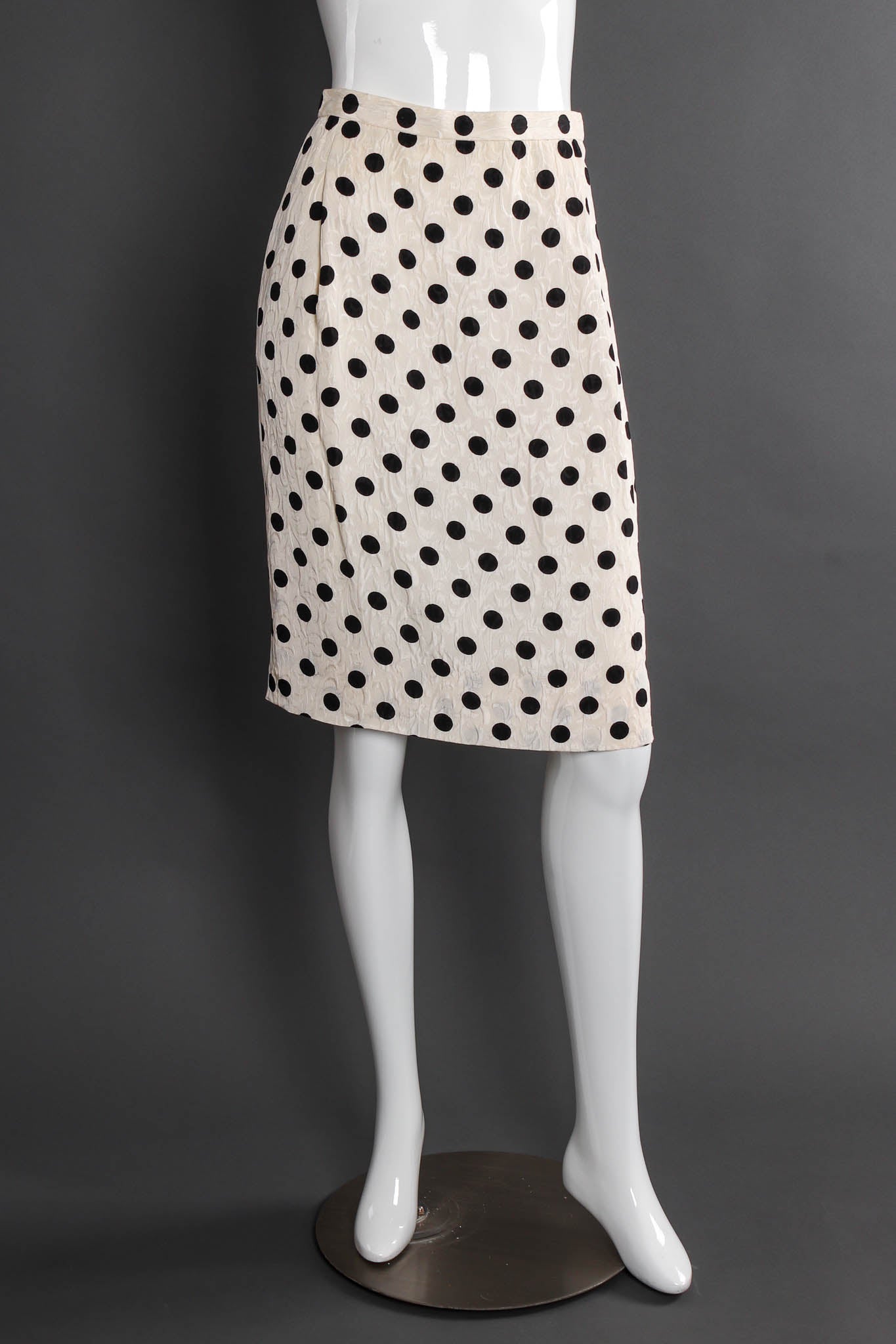 Vintage Adele Simpson Silk Polka Dot Jacket & Skirt Set mannequin front skirt @ Recess LA