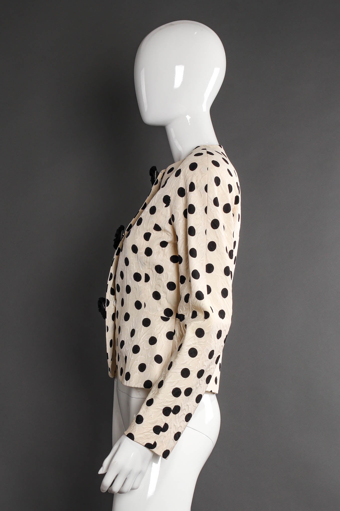 Vintage Adele Simpson Silk Polka Dot Jacket & Skirt Set mannequin side top @ Recess LA