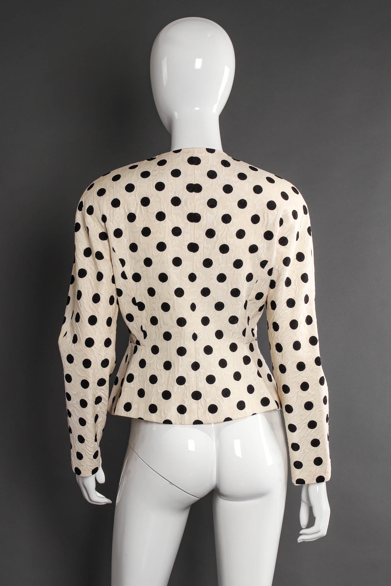 Vintage Adele Simpson Silk Polka Dot Jacket & Skirt Set mannequin back top @ Recess LA