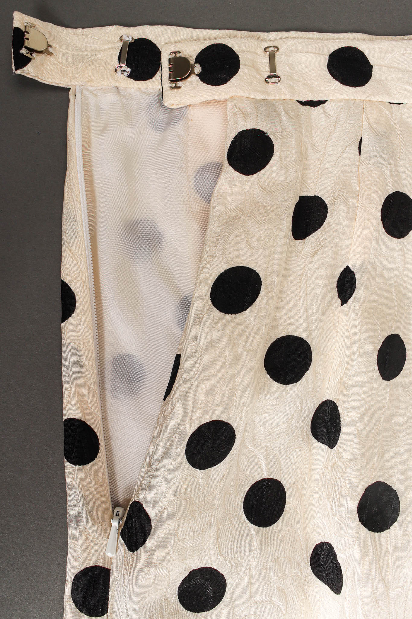 Vintage Adele Simpson Silk Polka Dot Jacket & Skirt Set skirt opening @ Recess LA