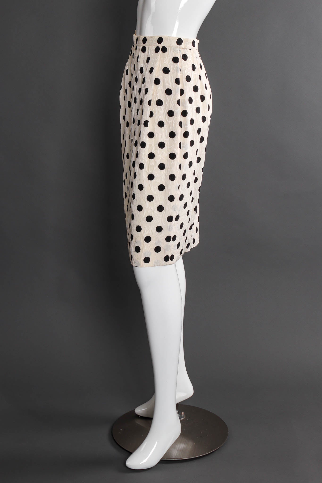 Vintage Adele Simpson Silk Polka Dot Jacket & Skirt Set mannequin side skrit @ Recess LA