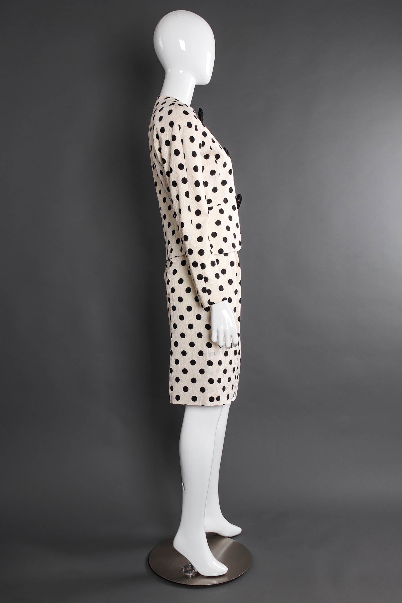 Vintage Adele Simpson Silk Polka Dot Jacket & Skirt Set mannequin side @ Recess LA