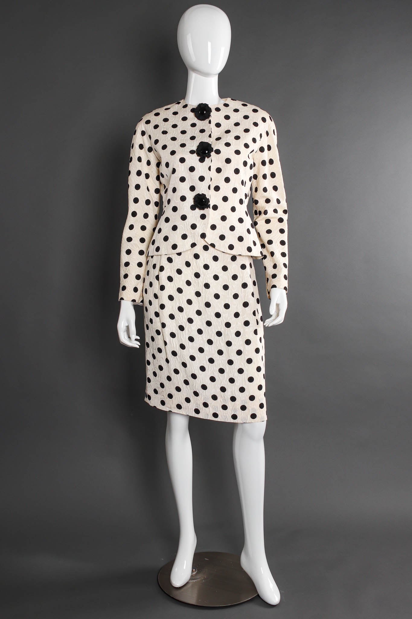 Vintage Adele Simpson Silk Polka Dot Jacket & Skirt Set mannequin front @ Recess LA