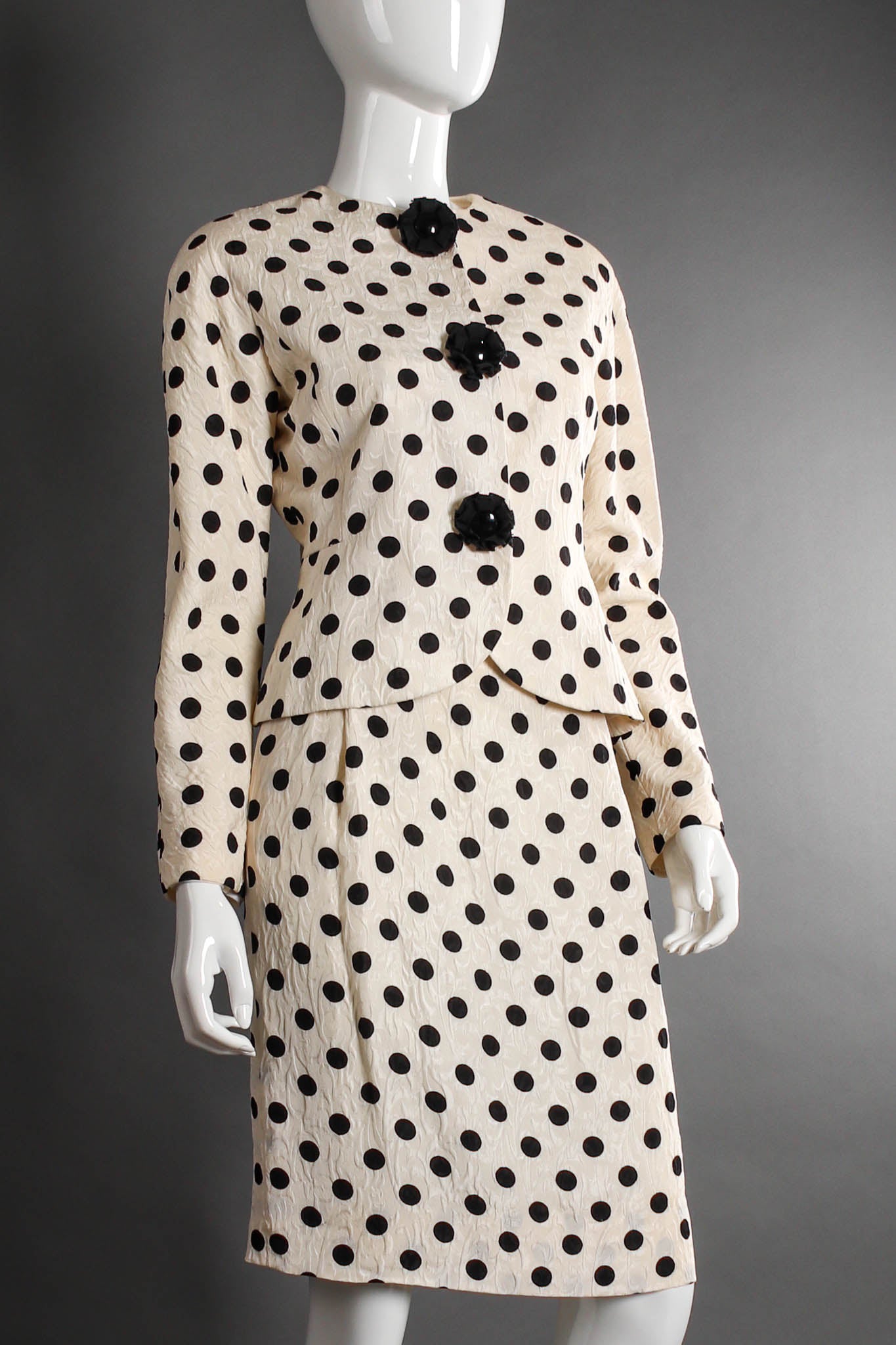 Vintage Adele Simpson Silk Polka Dot Jacket & Skirt Set mannequin close angle @ Recess LA