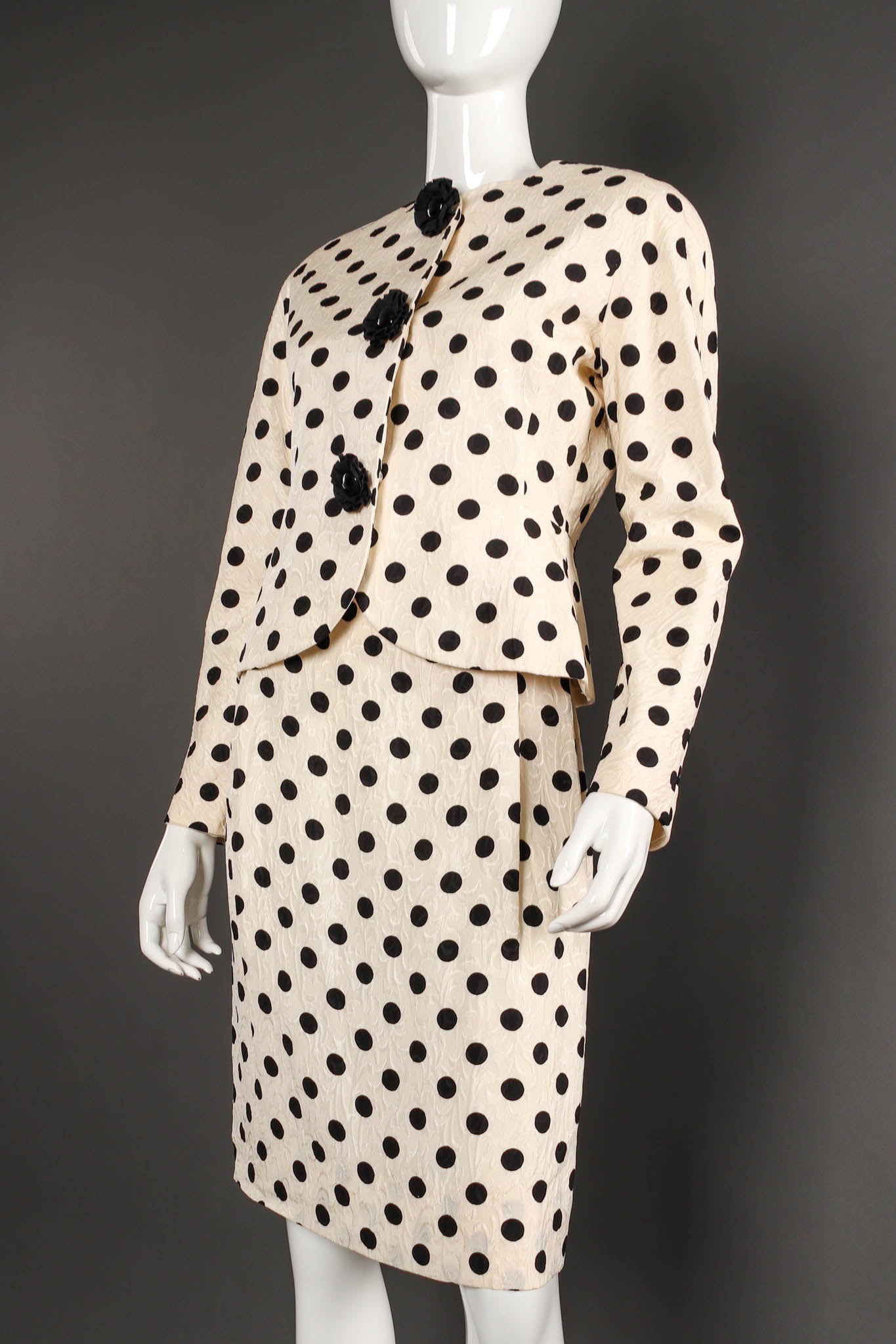 Vintage Adele Simpson Silk Polka Dot Jacket & Skirt Set mannequin angle close @ Recess LA