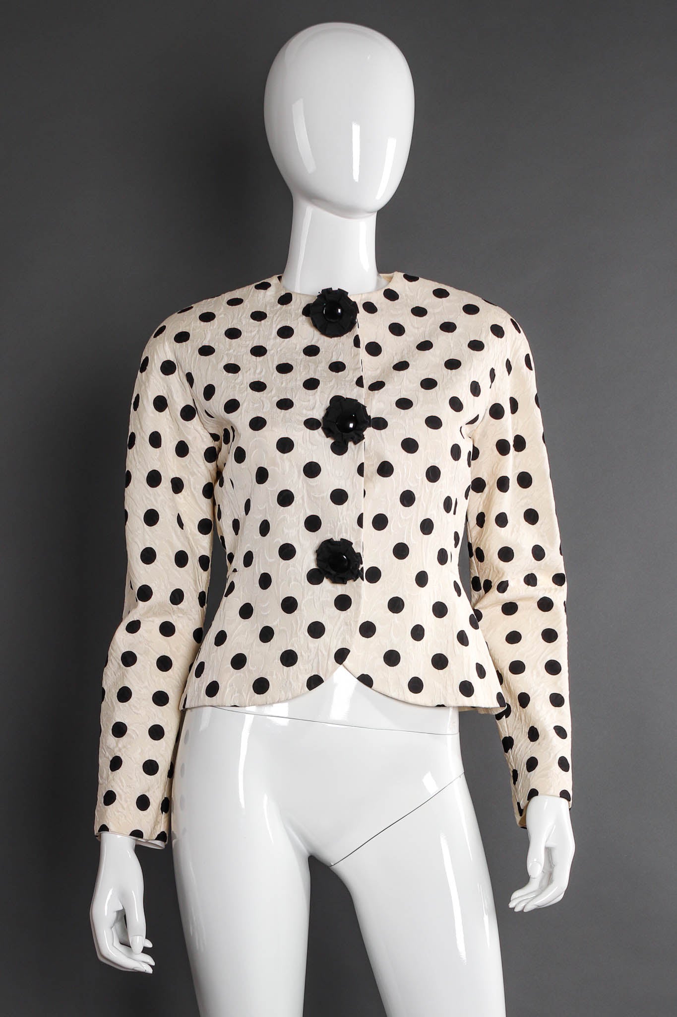 Vintage Adele Simpson Silk Polka Dot Jacket & Skirt Set mannequin top front @ Recess LA