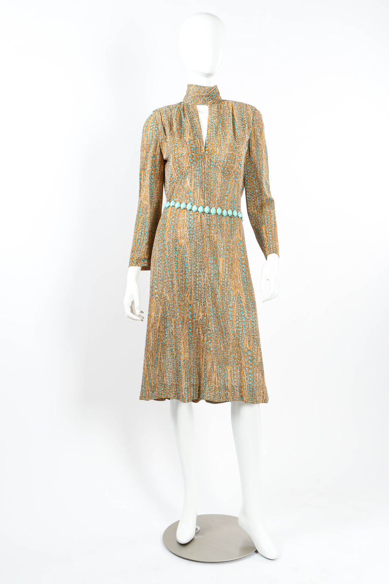 Vintage Adele Simpson Dots & Mineral Print Dress mannequin front with belt  @ Recess LA