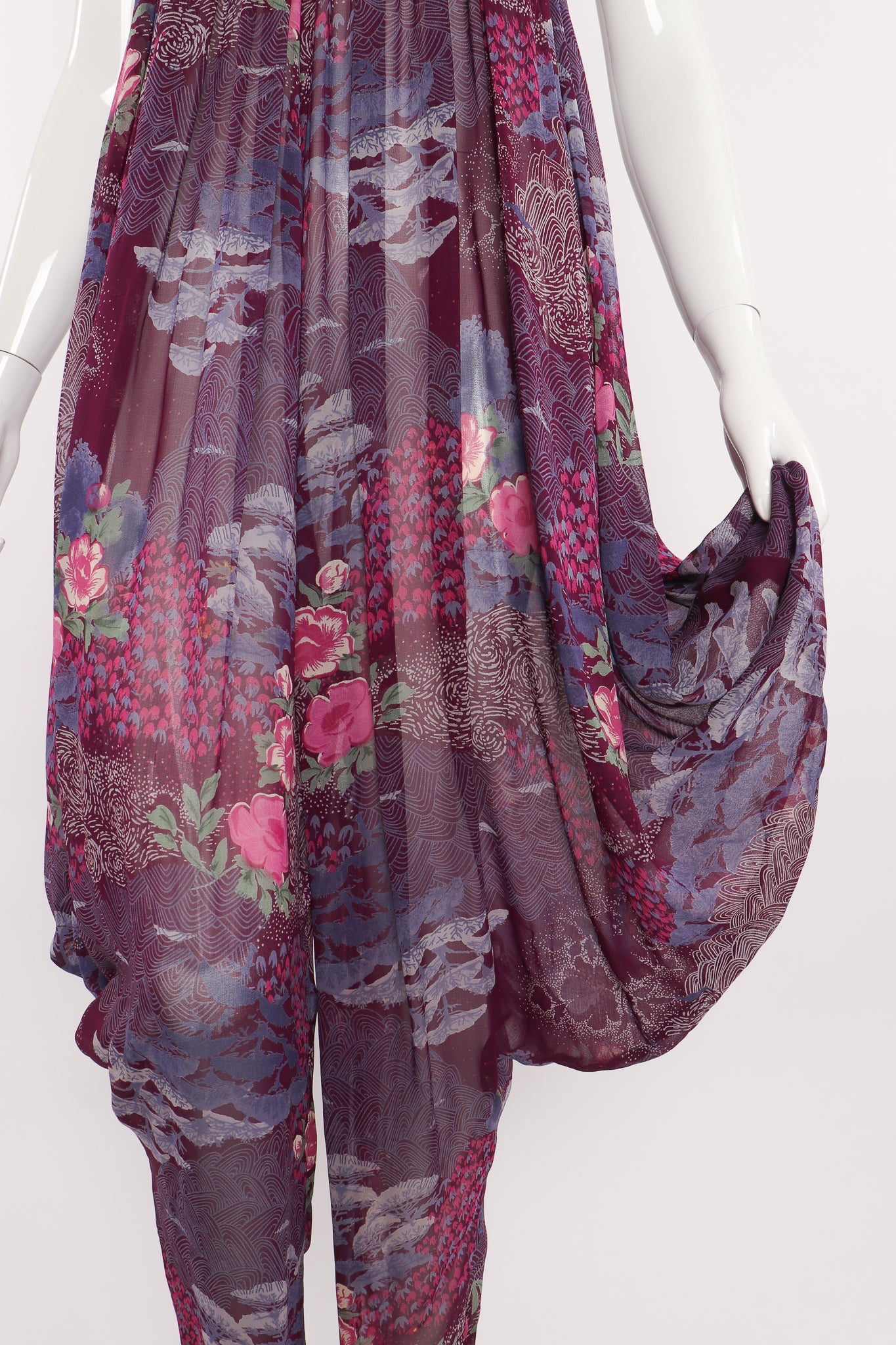 Vintage Adini Sheer Floral Harem Jumpsuit on mannequin drape detail at Recess LA