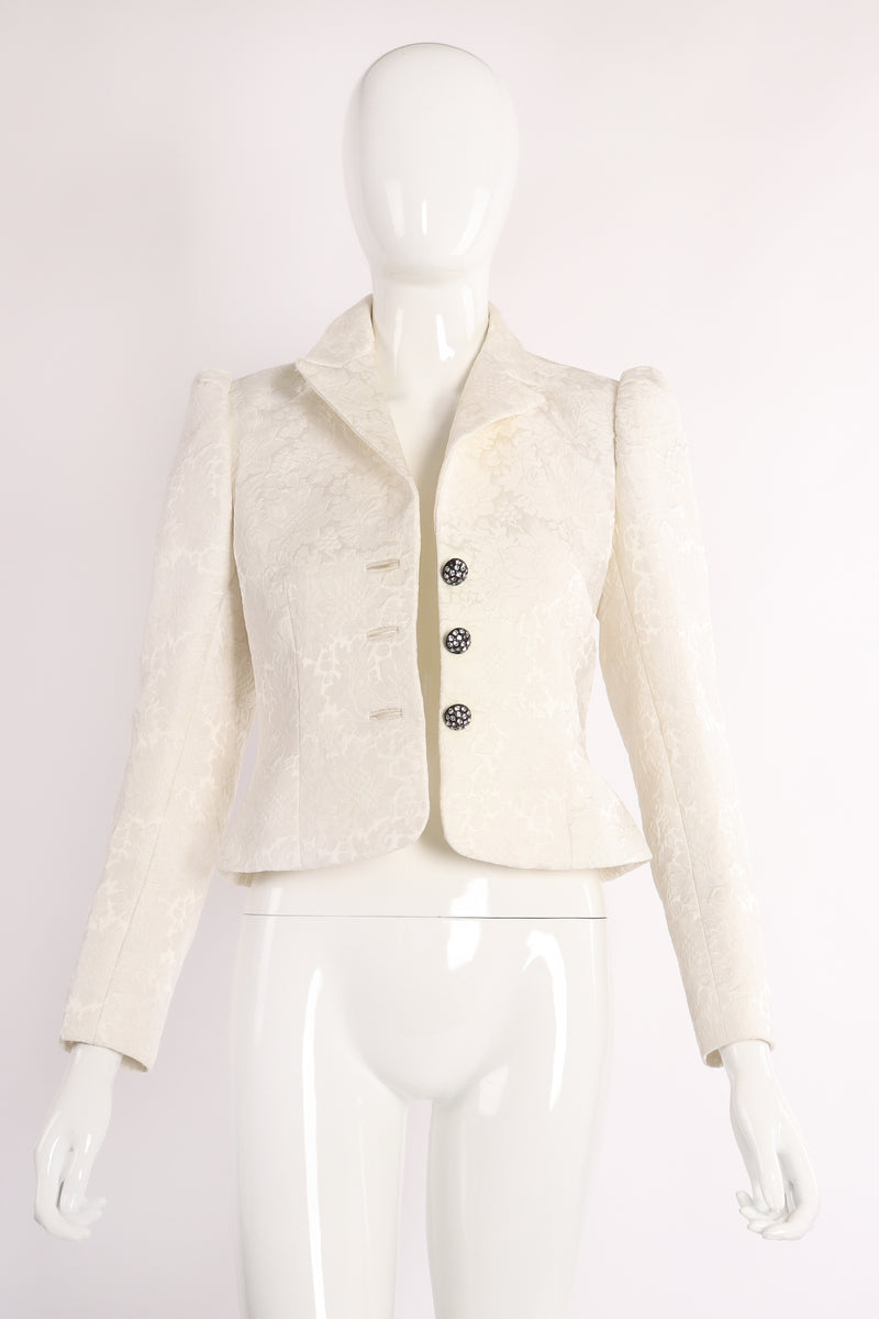 Vintage Adolfo Shrunken Brocade Bridal Wedding Jacket on Mannequin open at Recess Los Angeles