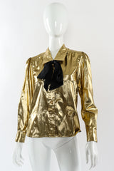 Vintage Adolfo Lamé Metallic Bow Tie Blouse mannequin front @ Recess LA