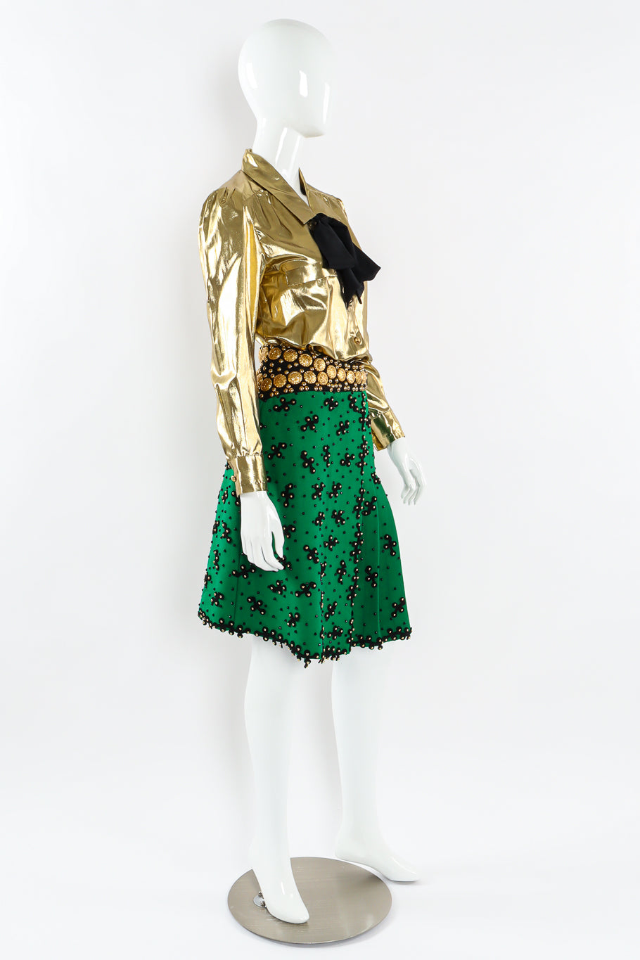 Vintage Adolfo Lamé Metallic Bow Tie Blouse mannequin full side angle @ Recess LA